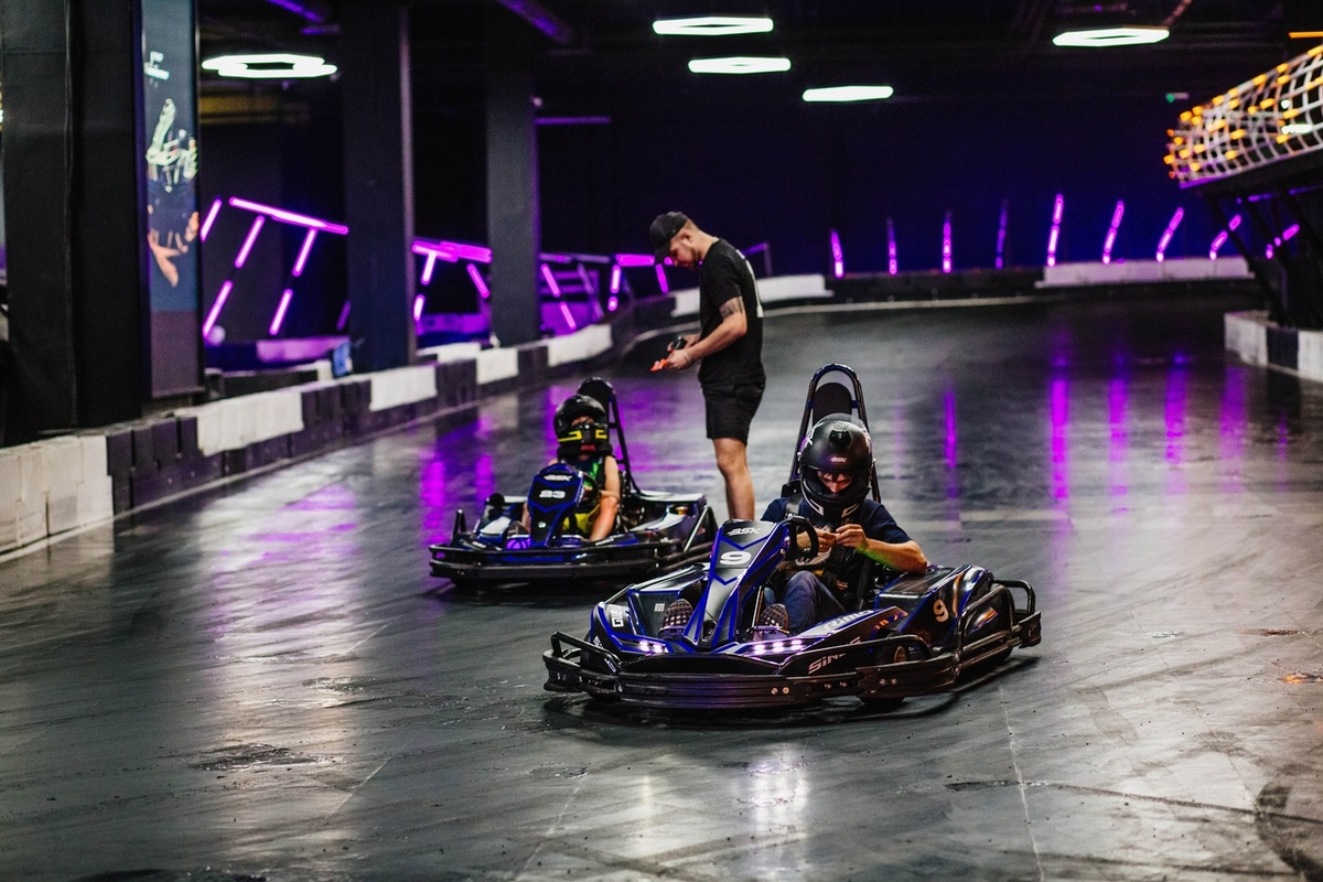 TurboLap Karting track arrangement with karts, timing, lounge seating and racing accessories